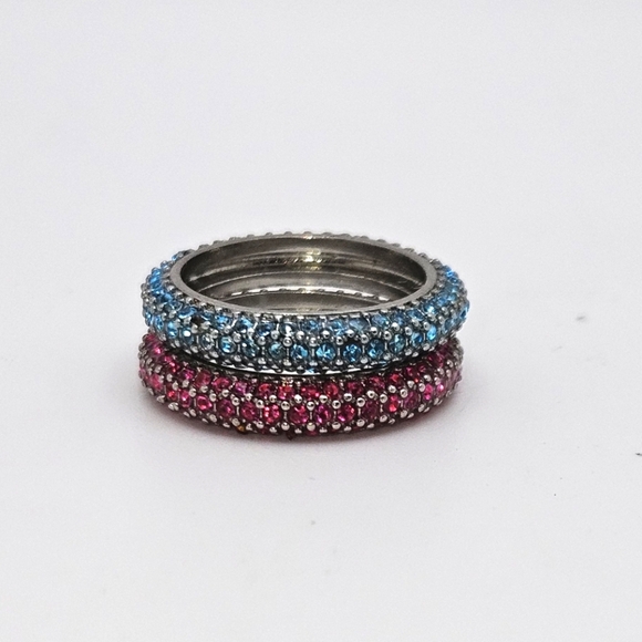 Set of Pink Red and Blue CZ Silver Matching Stackable Eternity Band Rings - Picture 4 of 10